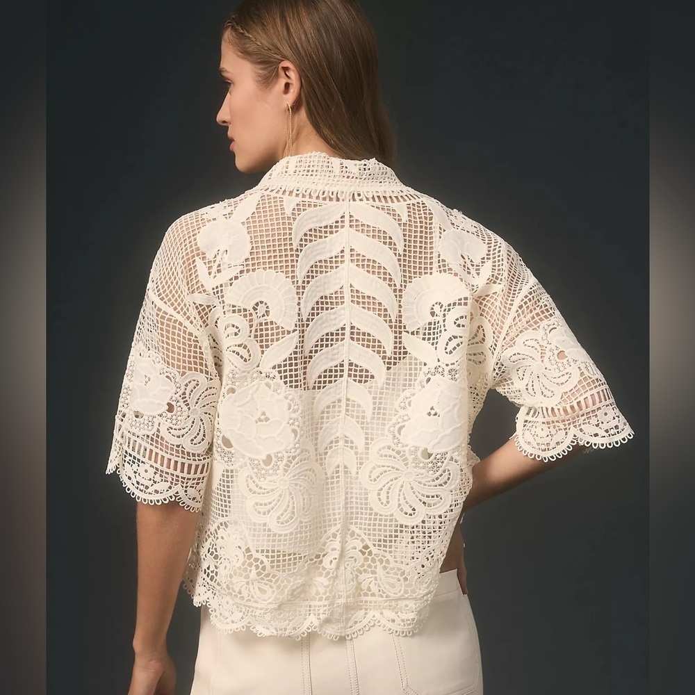 NWT Farm Rio x Anthropologie Short-Sleeve Lace Buttondown Shirt - Picture 4 of 7